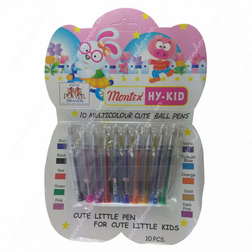 MONTEX HY-KID – 10 PIECE SHORT MODEL MULTI COLOR TRANSPARENT BODY CAP TYPE BALL PEN MODEL: 13046